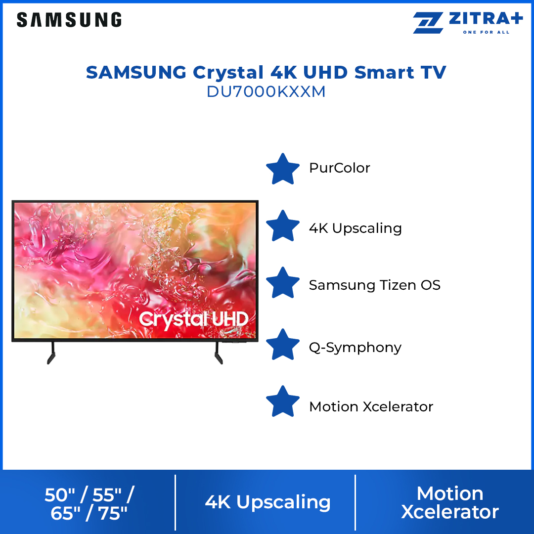 SAMSUNG 50"/55"/65"/75" Crystal 4K UHD Smart TV UA50DU7000KXXM/UA55DU7000KXXM/UA65DU7000KXXM/UA75DU7000KXXM | 4k Upscaling | Motion Xcelerator