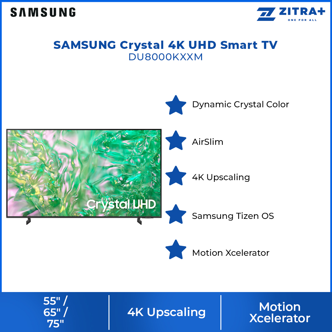 SAMSUNG 55"/65"/75" Crystal 4K UHD Smart TV UA55DU8000KXXM/UA65DU8000KXXM/UA75DU8000KXXM | AirSlim | 4K Upscaling