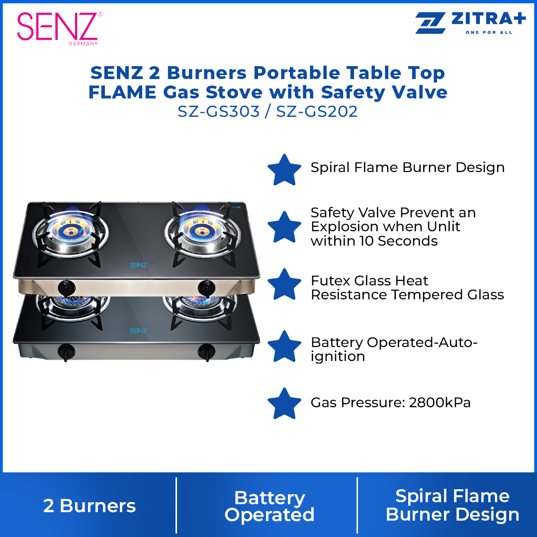 SENZ 2 Burners Portable Table Top SPIRAL/LINEAR FLAME Gas Stove with Safety Valve SZ-GS202/SZ-GS303| Futex Glass Heat Resistance