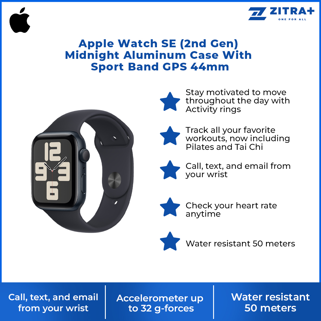 Apple Watch SE (2nd Gen) Midnight Aluminum Case With Sport Band GPS 44mm | Cycle Tracking | Emergency SOS | Water Resistant10 | 1  Year General Warranty