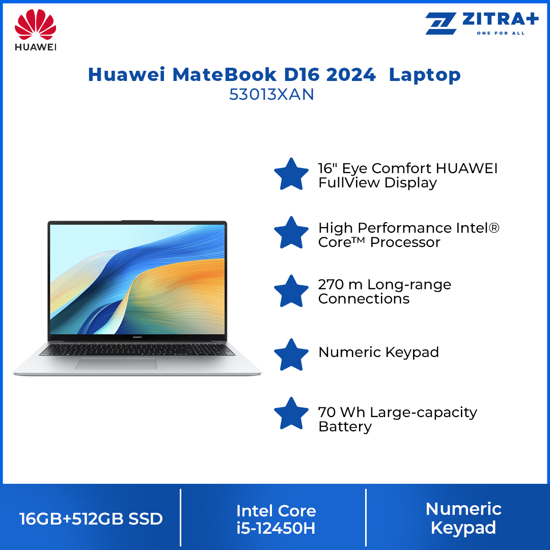 Huawei MateBook D16 2024  Laptop 53013XAN | 16" Eye Comfort HUAWEI FullView Display | Numeric Keypad | High Performance Intel | 1  Year General Warranty