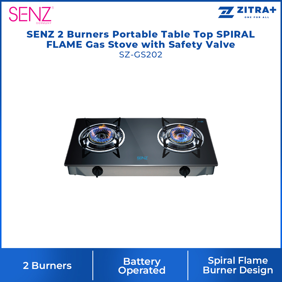 SENZ 2 Burners Portable Table Top SPIRAL/LINEAR FLAME Gas Stove with Safety Valve SZ-GS202/SZ-GS303| Futex Glass Heat Resistance