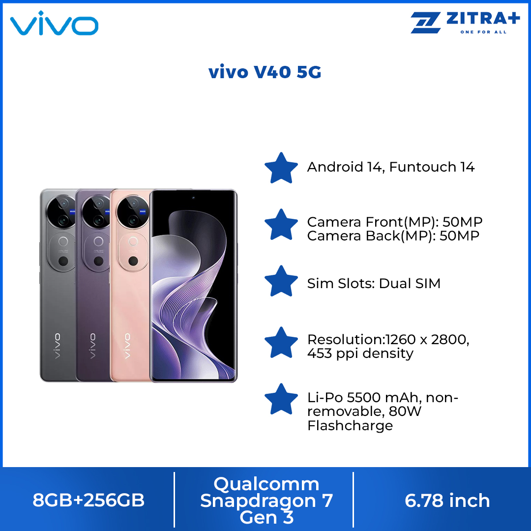 Vivo V40 5G 8GB+256GB | 50MP ZEISS All Main Camera |  Qualcomm Snapdragon Processor | 80W FlashCharge