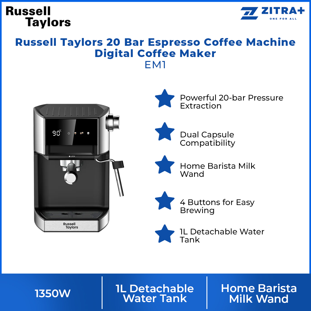 Russell Taylors 1350W 20 Bar Espresso Coffee Machine Digital Coffee Maker EM1 | Home Barista Milk Wand | 1L Detachable Water Tank