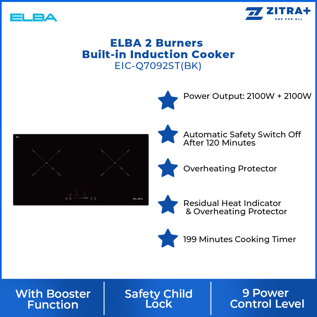 ELBA 2 Burners Built-in Induction Cooker EIC-Q7092ST(BK) | Overheating Protector | Safety Child Lock | 9 Power Control Level | Cooker with 1 Year Warranty