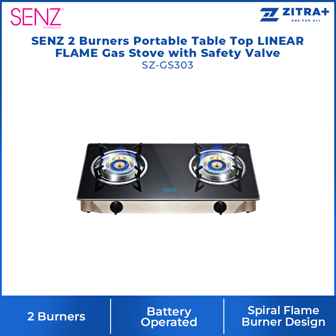 SENZ 2 Burners Portable Table Top SPIRAL/LINEAR FLAME Gas Stove with Safety Valve SZ-GS202/SZ-GS303| Futex Glass Heat Resistance