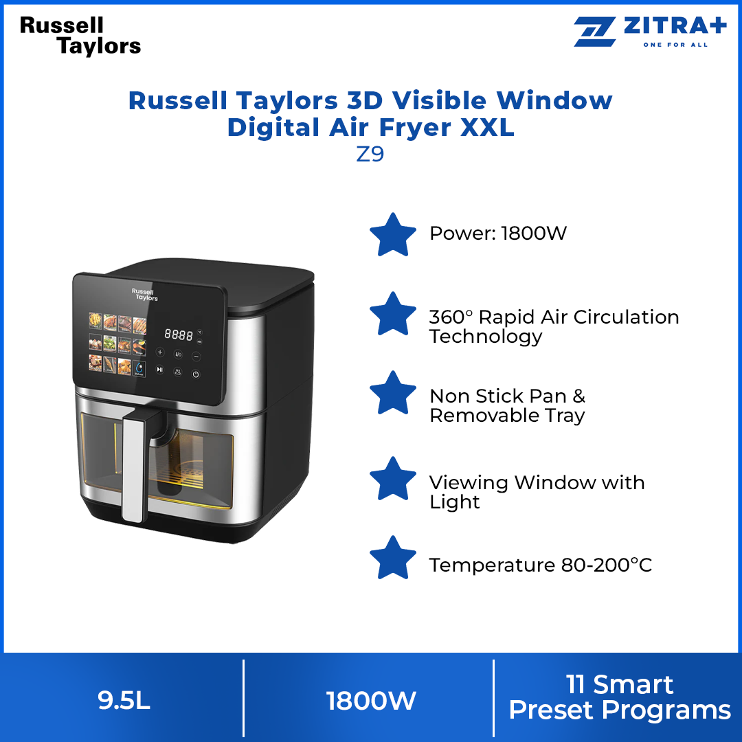 Russell Taylors 9.5L 3D Visible Window Digital Air Fryer XXL Black Z9 | Function Controller	Digital | 11 Smart Preset Programs