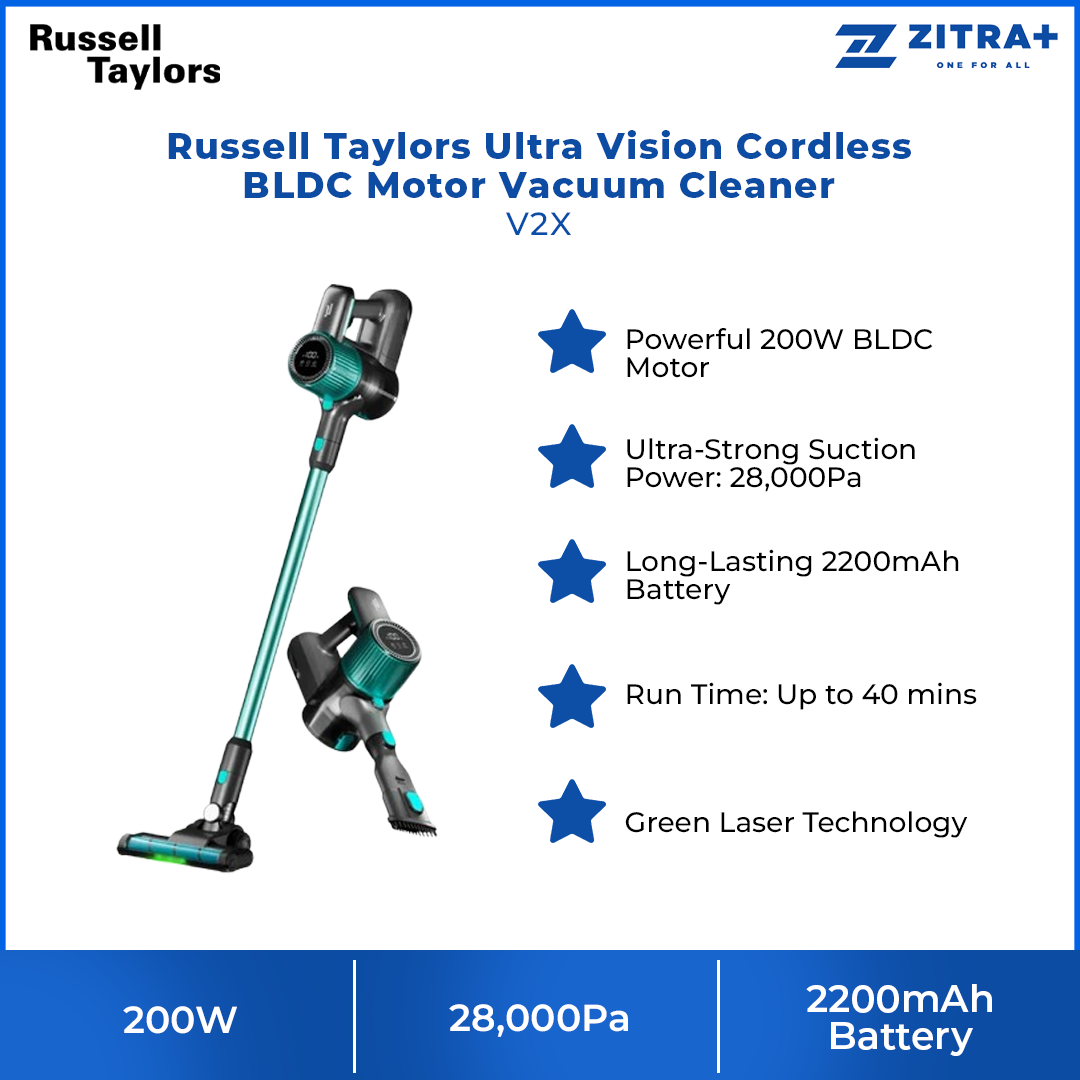 Russell Taylors 200W Ultra Vision Cordless BLDC Motor Vacuum Cleaner V2X | Suction Power: 28,000Pa | Long-Lasting 2200mAh Battery