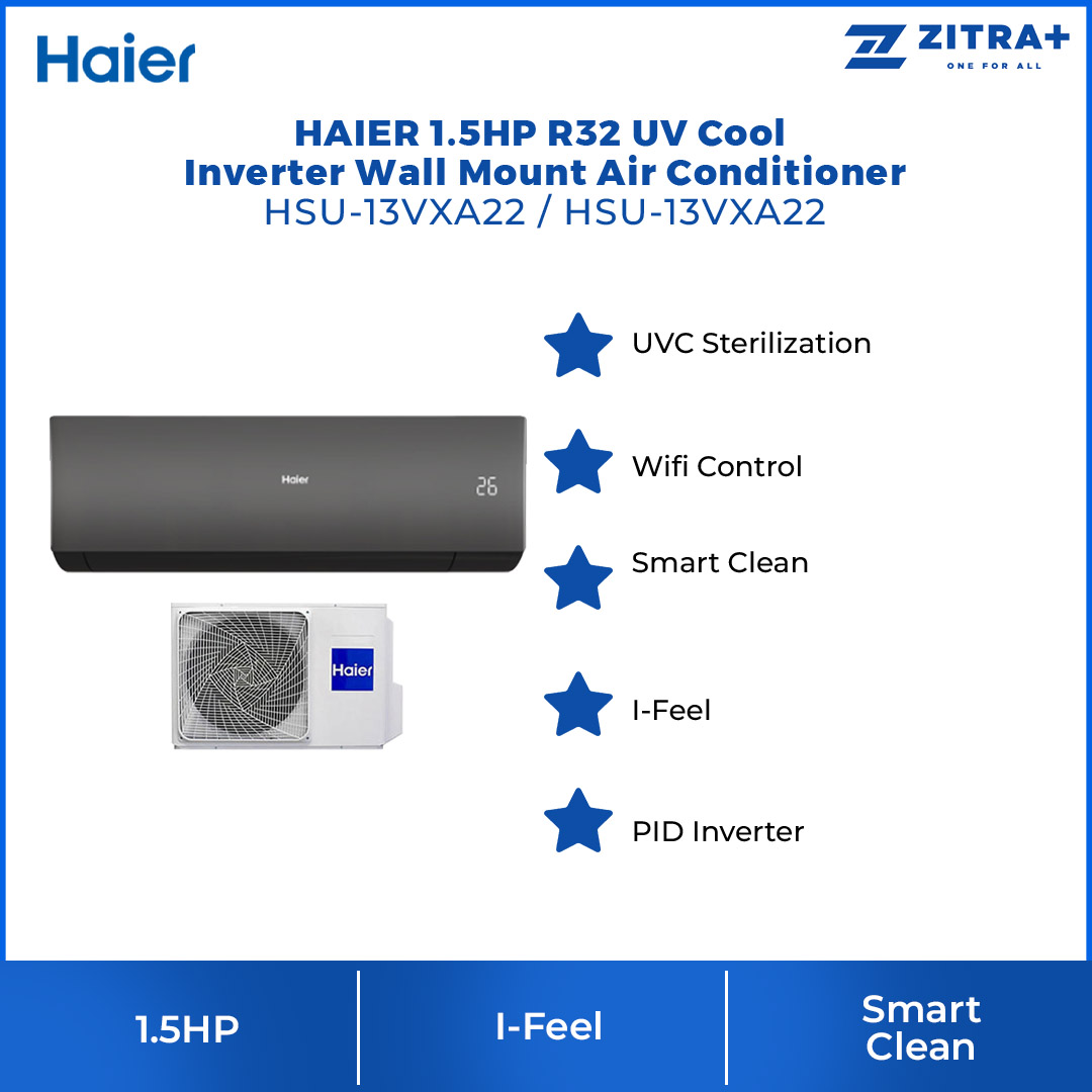 HAIER 1.5HP R32 UV Cool Inverter Wall Mount Air Conditioner HSU-13VXA22 |  PID Inverter | Smart Clean | WIFI Control | UVC Sterilization | Air Conditioner with 3 Years Warranty