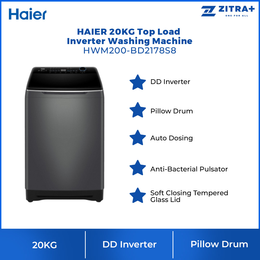HAIER 20KG Top Load DD Inverter Washing Machine Graphite Silver HWM200-BD2178S8 | DD Inverter | Auto Dosing | Soft Closing Tempered Glass Lid | Washing Machine with 2 Years Warranty
