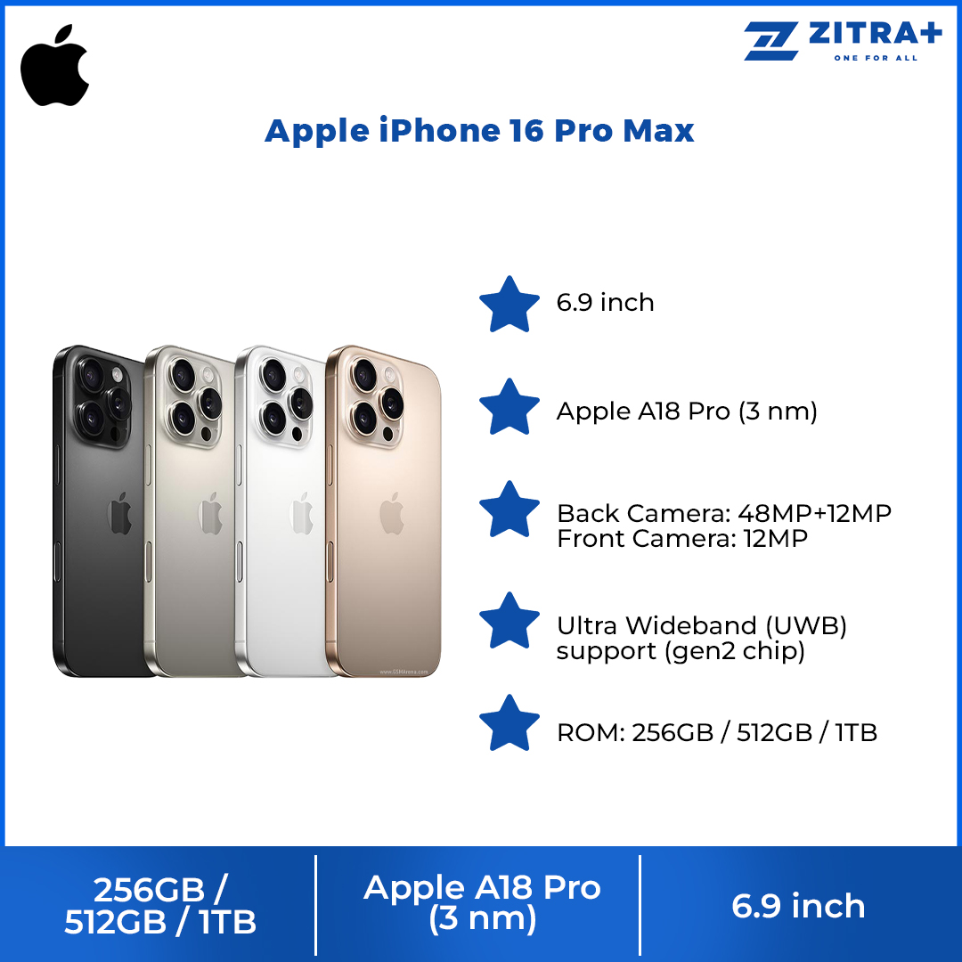 Apple iPhone 16 Pro Max | 6.9" LTPO Super Retina XDR OLED | 48 MP Main Camera | Apple A18 Pro (3 nm) | USB Type-C 3.2 Gen 2, DisplayPort | Stereo Speakers Sound | Smartphone with 1 Year Warranty