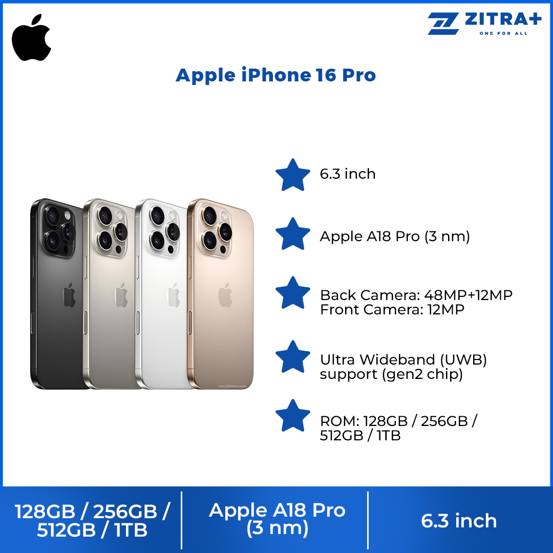 Apple iPhone 16 Pro | 6.3" LTPO Super Retina XDR OLED | 48 MP Main Camera | Apple A18 Pro (3 nm) | USB Type-C 3.2 Gen 2, DisplayPort | Stereo Speakers Sound | Smartphone with 1 Year Warranty