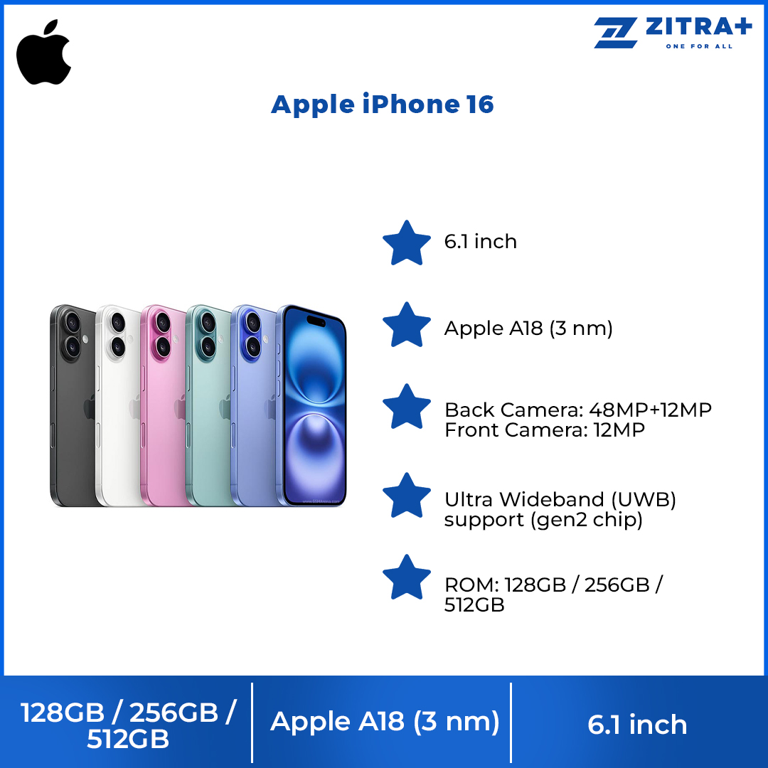 Apple iPhone 16 | 6.1" Super Retina XDR OLED | 48 MP Main Camera | Apple A18 (3 nm) | USB Type-C 2.0, DisplayPort | Stereo Speakers Sound | Smartphone with 1 Year Warranty