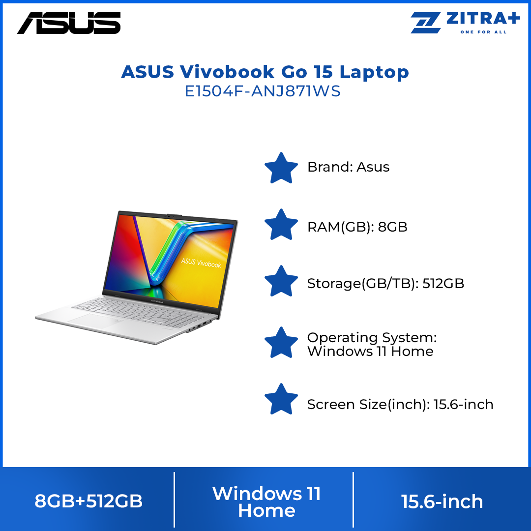 ASUS Vivobook Go 15 Laptop E1504F-ANJ871WS | 8GB+512GB SSD | AMD Ryzen 3 7320U Processor 2.4GHz | 15.6-inch