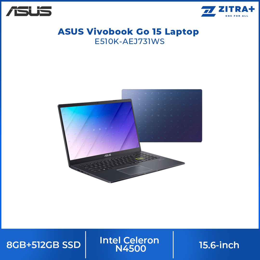 ASUS Vivobook Go 15  Laptop E510K-AEJ731WS (Intel Celeron N4500/ 8GB+512GB SSD/ 15.6-inch FHD/ W11) | Windows 11 Pro | up to Quad-core Intel processor | Up to 8-hour battery life2 | Laptop with  2 Year Warranty
