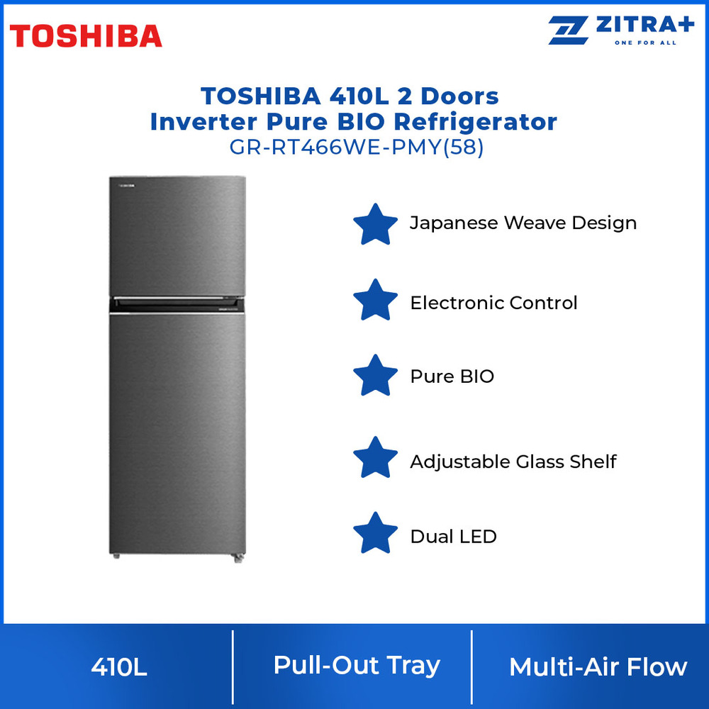 TOSHIBA 410L 2 Doors Inverter Pure BIO Refrigerator GR-RT466WE-PMY(58) | Electronic Control | Multi- Air Flow | Origin Inverter | Refrigerator with 1 Year Warranty