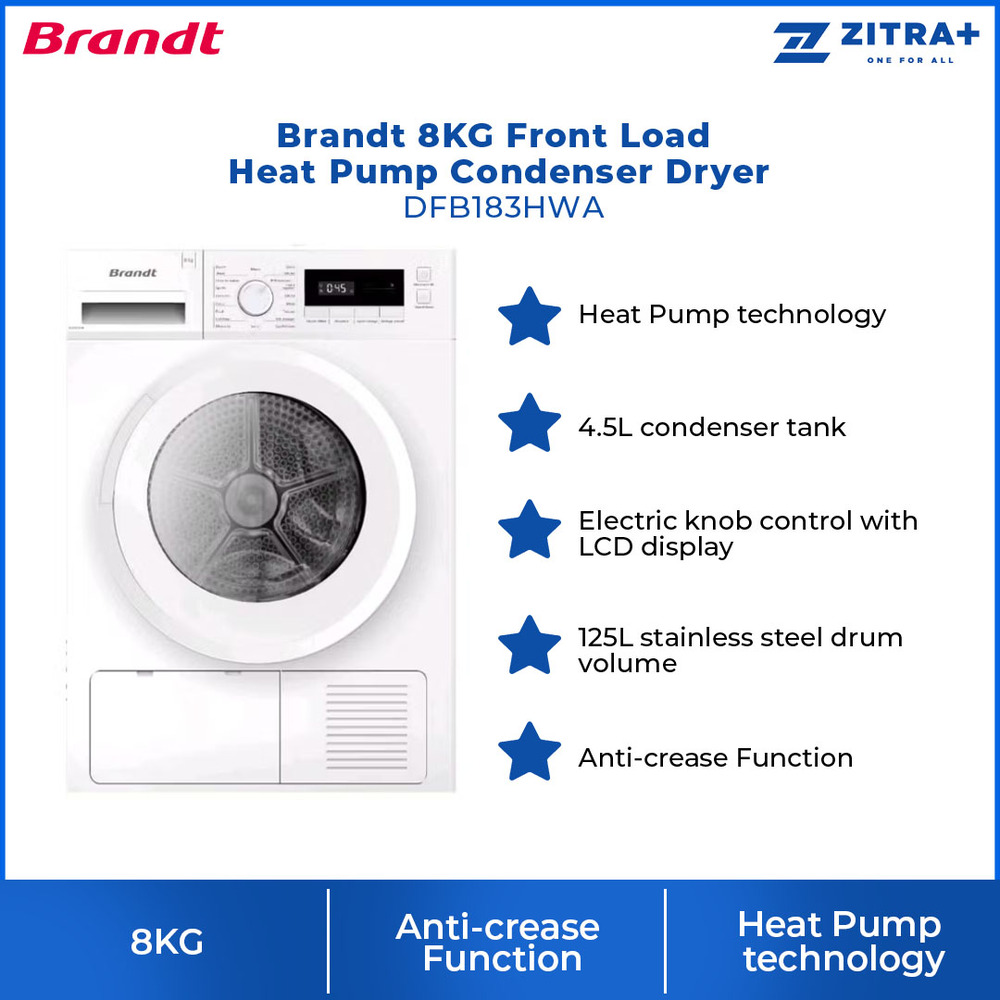 Brandt 8KG Front Load Heat Pump Condenser Dryer DFB183HWA | Anti-crease Function | 17 Drying Programs |  LCD display | Dryer with 1 Year Warranty