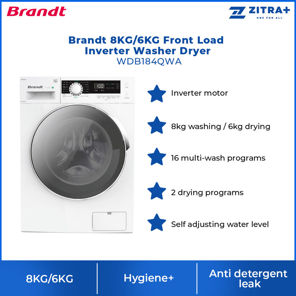 Brandt 8KG/6KG Front Load Inverter Washer Dryer WDB184QWA | Hygiene+ | Drum Clean Function | Up to 24 hours | Washer Dryer with 1 Year Warranty