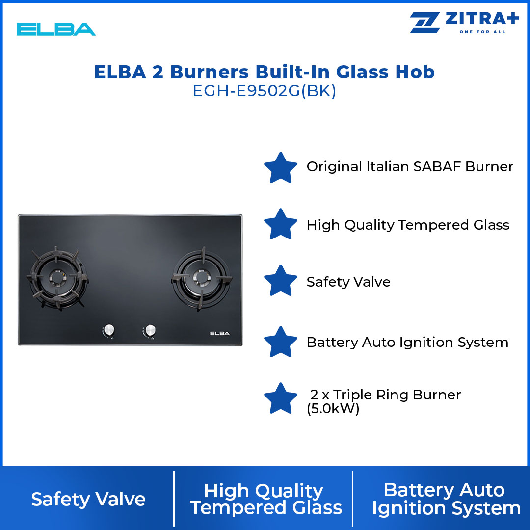 ELBA 2 Burners Built-In Glass Hob EGH-E9502G(BK) | Elegant Design | Safety Valve | Embraced Aluminium Frame Protection | Hob with 1 Year Warranty