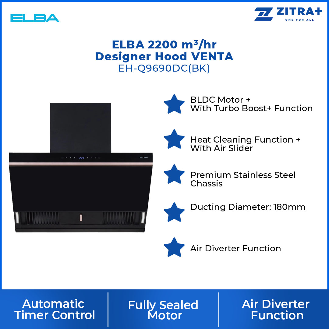 ELBA 2200 m³/hr Designer Hood VENTA EH-Q9690DC(BK) | BLDC MOTOR | AIR DIVERTER FUNCTION | GESTURE MOTION SENSOR | Hood with 1 Year Warranty