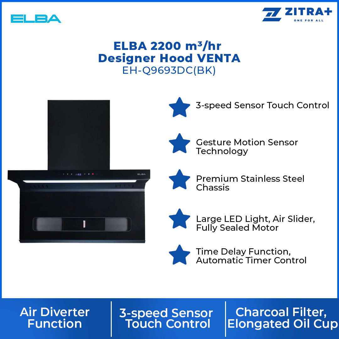ELBA 2200 m³/hr Designer Hood VENTA EH-Q9693DC(BK) | Premium Stainless Steel Chassis | Air Diverter Function | 3-speed Sensor |  Hood with 1 Year Warranty