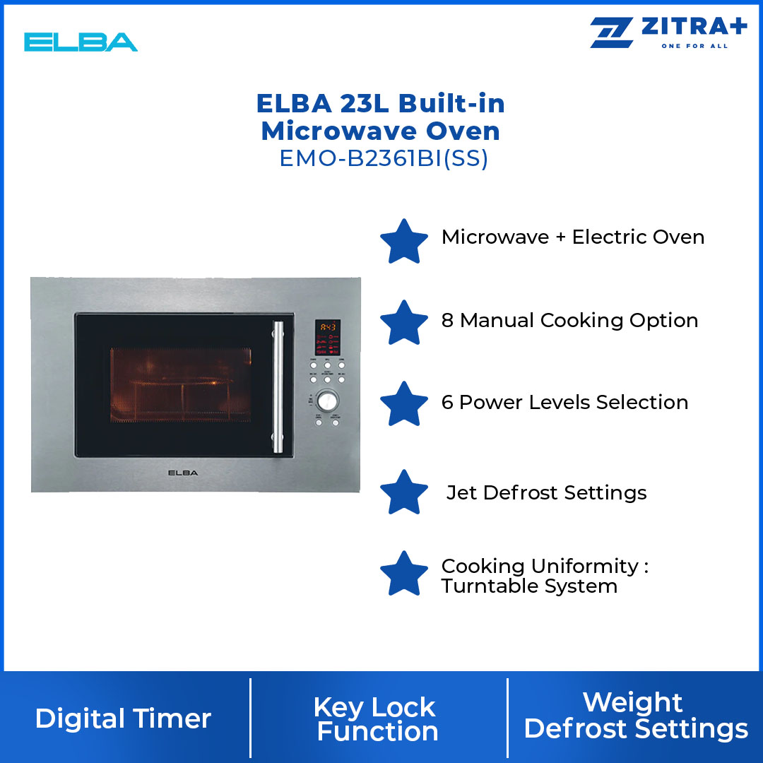 ELBA 23L Built-in Microwave Oven EMO-B2361BI(SS) | Microwave + Electric Oven | 8 Manual Cooking Option | Digital Timer | Key Lock Function | Cooking End Signal | Microwave with 1 Year Warranty