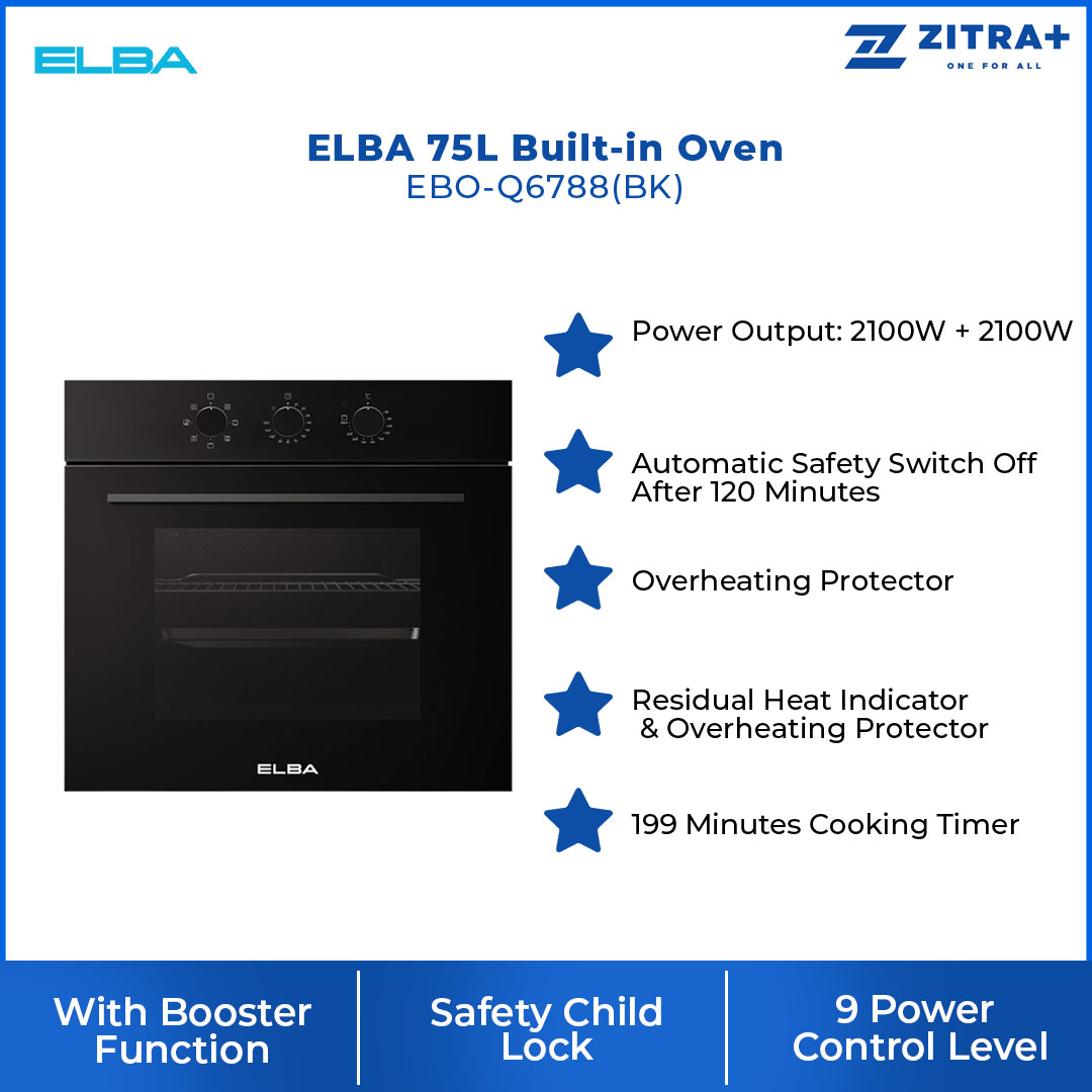 ELBA 75L Built-in Oven EBO-Q6788(BK) | 8 Functions | Temperature Range: 50-250ºC | 4D Heat Circulation Technology | Mechanical Control with Timer | Oven with 1 Year Warranty
