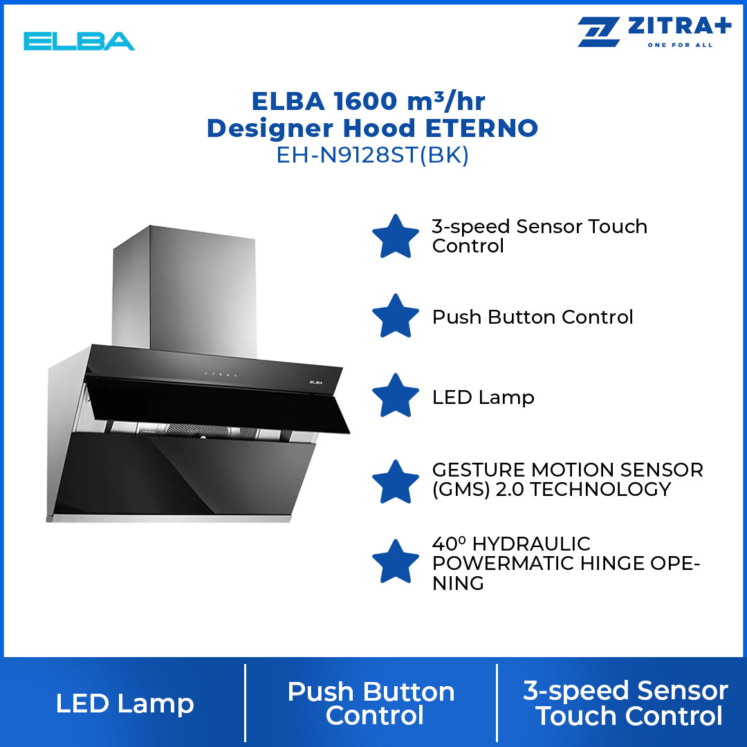 ELBA 1600 m³/hr Designer Hood ETERNO EH-N9128ST(BK) |  3-speed Sensor Touch Control | 40⁰ HYDRAULIC POWERMATIC HINGE OPENING | Premium Stainless Steel Chasis | Hood with 1 Year Warranty