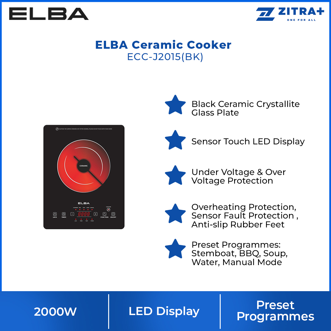 ELBA 2000W Ceramic Cooker ECC-J2015(BK) | Black Ceramic Crystallite Glass Plate | Sensor Touch LED Display