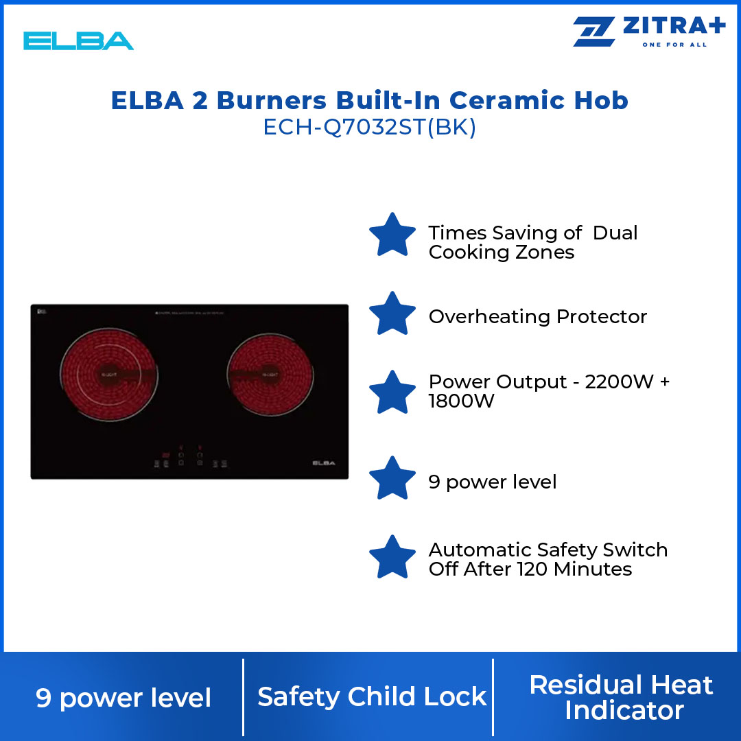 ELBA 2 Burners Built-In Ceramic Hob ECH-Q7032ST(BK) | Dual Cooking Zones | Vulkera Glass | Safety Child Lock | Hob with 1 Year Warranty