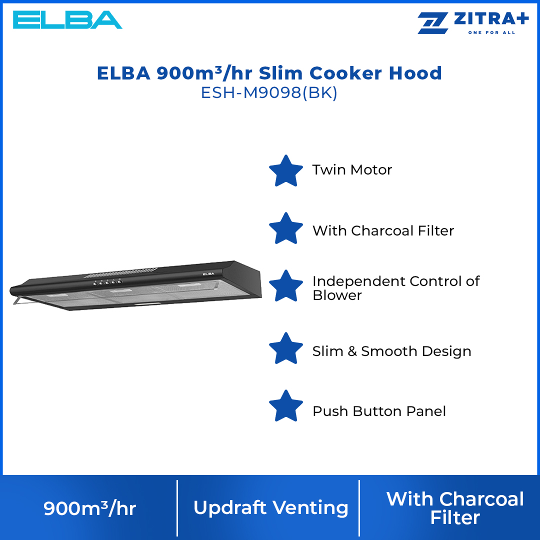 ELBA 900m³/hr Slim Cooker Hood ESH-M9098(BK) | Updraft Venting | With Charcoal Filter | Twin Motor