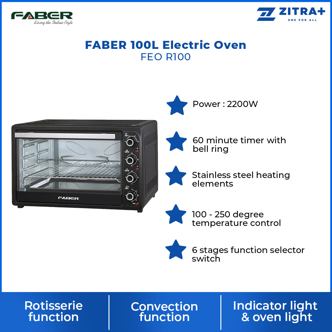 FABER 100L Electric Oven FEO R100 | 2200W | 6 Stages Function Selector Switch | Convection Function | 100 - 250 Degree Temperature Control | 60 minute Timer with Bell Ring | Oven with 1 Year Warranty
