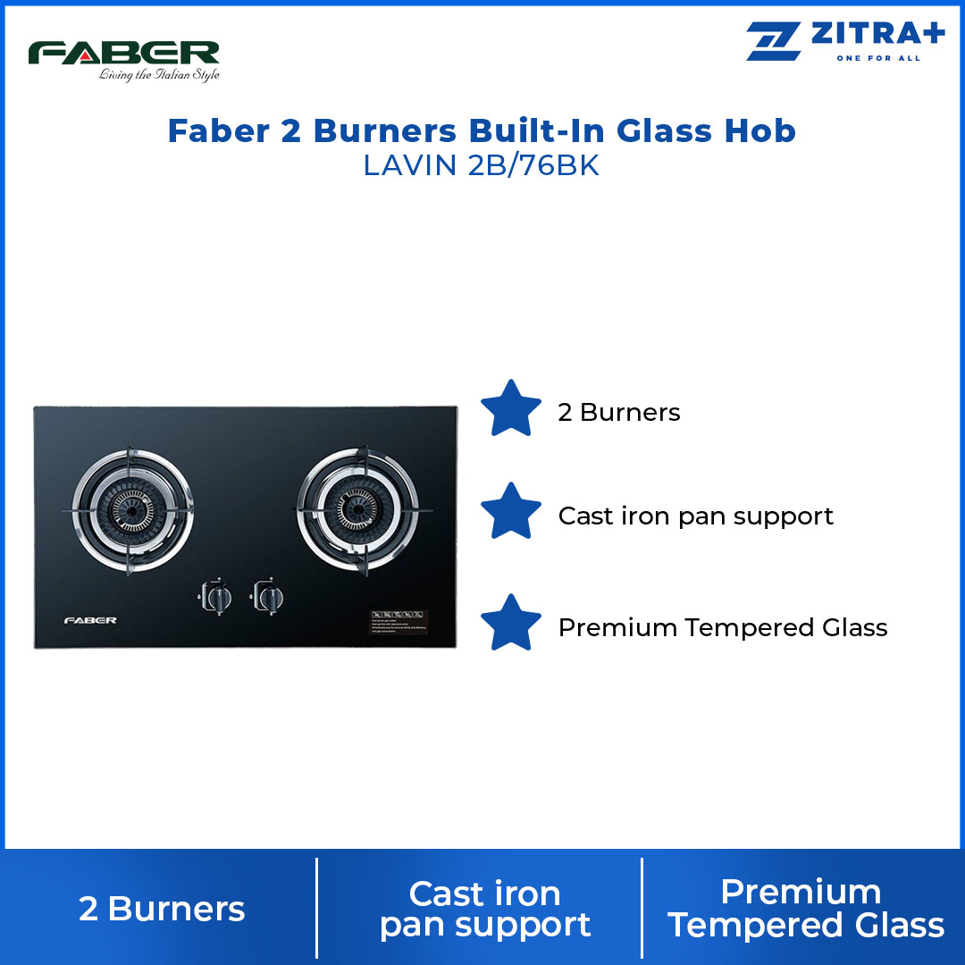 Faber 2 Burners Built-In Glass Hob LAVIN 2B/76BK | Premium Tempered Glass | Cast iron pan support | Hob with 1 Year Warranty