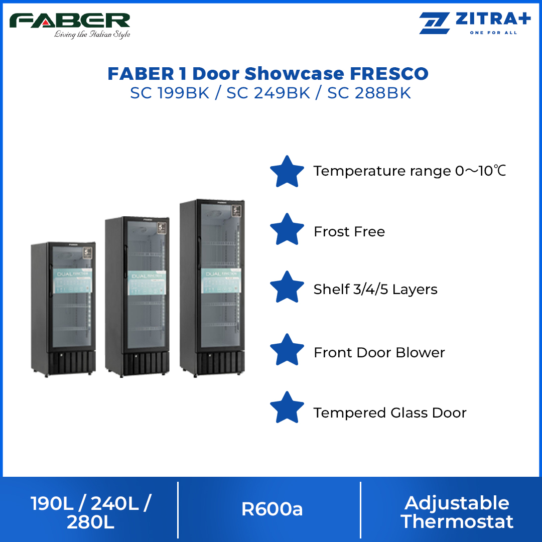 FABER 190L/240L/280L 1 Door Showcase FRESCO SC 199BK/SC 249BK/SC 299BK | Front Door Blower | Tempered Glass Door