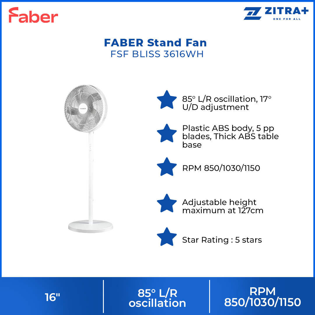FABER 16" Stand Fan White FSF BLISS 3616WH | Plastic ABS Body | 5 PP Blades | Thick ABS Table Base