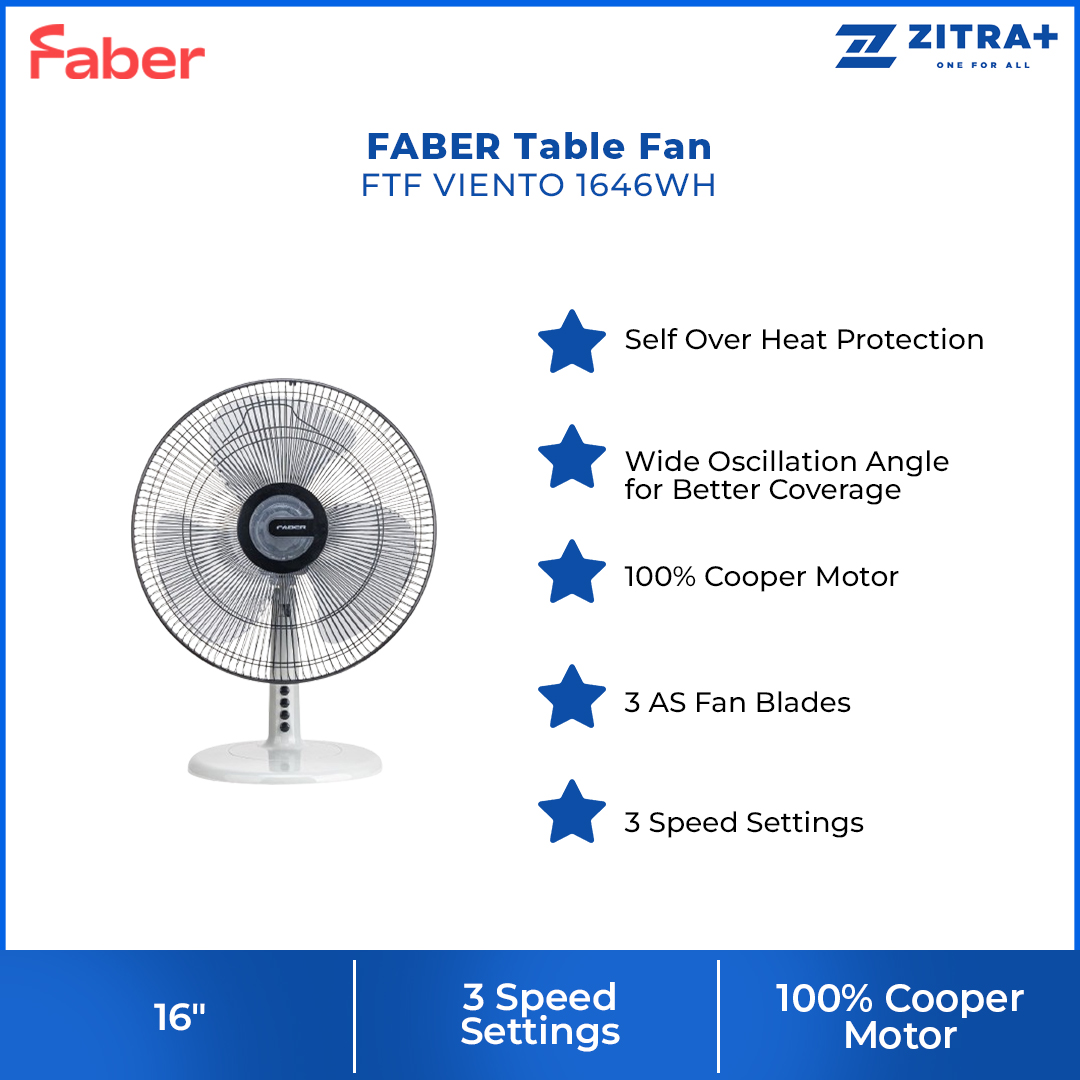 FABER 16" Table Fan FTF VIENTO 1646WH | Self Over Heat Protection | Wide Oscillation Angle for Better Coverage