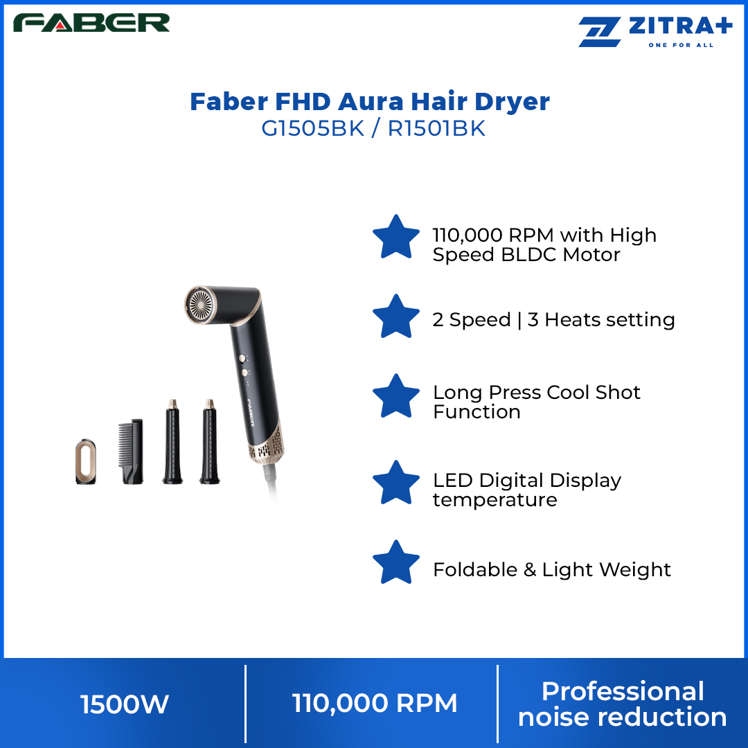 Faber 1500W FHD Aura 15 Hair Dryer Styler Set | G1505BK/R1501BK | Cool Shot Function | Multiple Heat and Speed Settings | Stylish Design