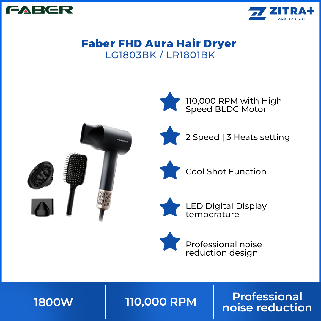 Faber 1800W FHD Aura 18 LED Display Hair Dryer Set | LG1803BK/LR1801BK | Multiple Heat Settings | Cool Shot Button | Powerful Motor