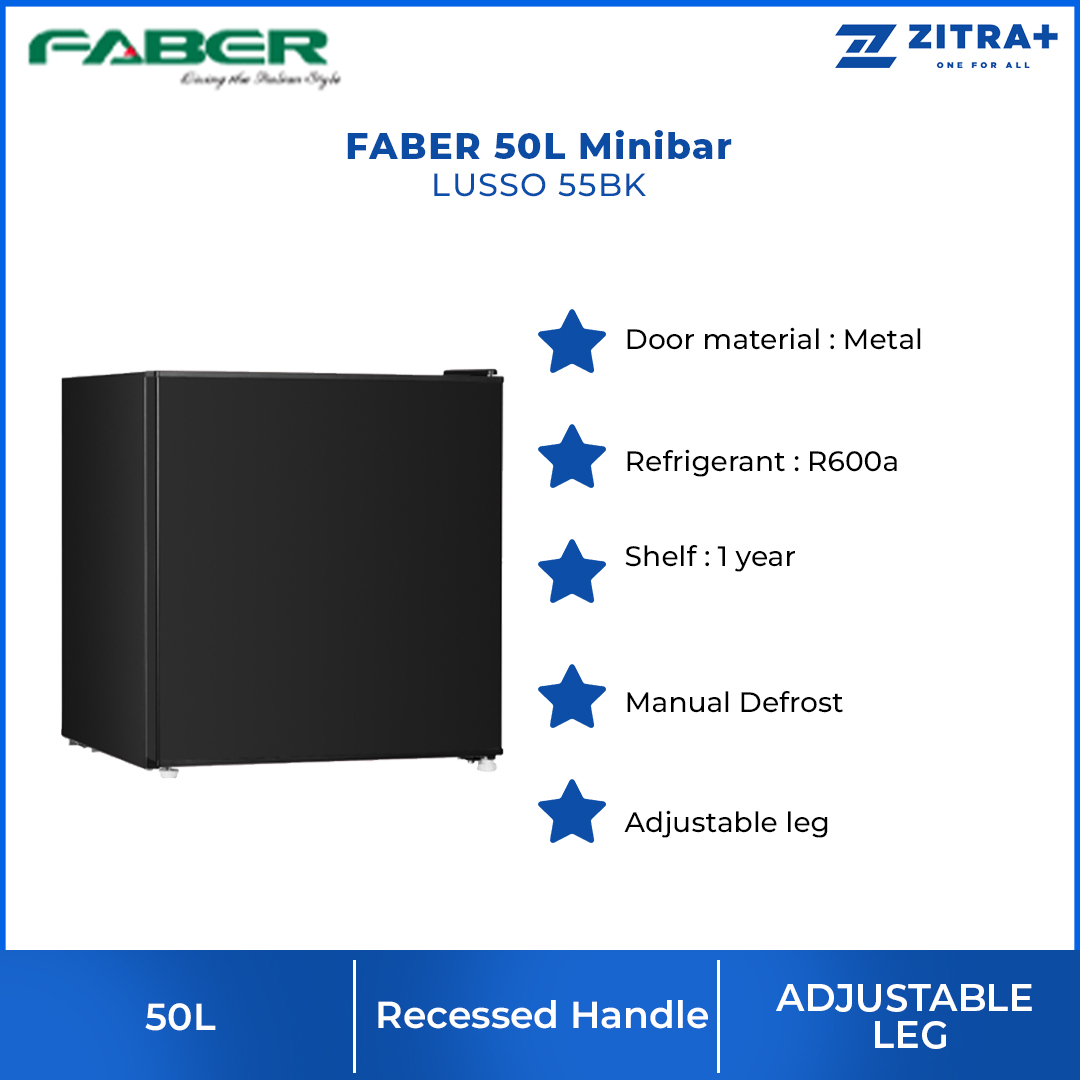 FABER 50L Minibar LUSSO 55BK | Manual Defrost | Adjustable leg | Recessed handle | 1  Year General Warranty   10 Year Motor Warranty