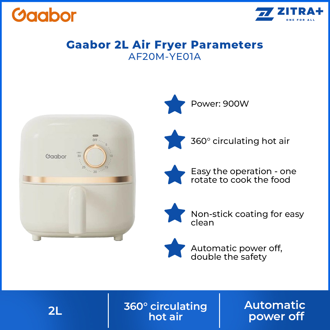 Gaabor 2L Air Fryer Parameters AF20M-YE01A | 360° Circulating Hot Air | Easy The Operating | Easy To Clean | 1  Year General Warranty