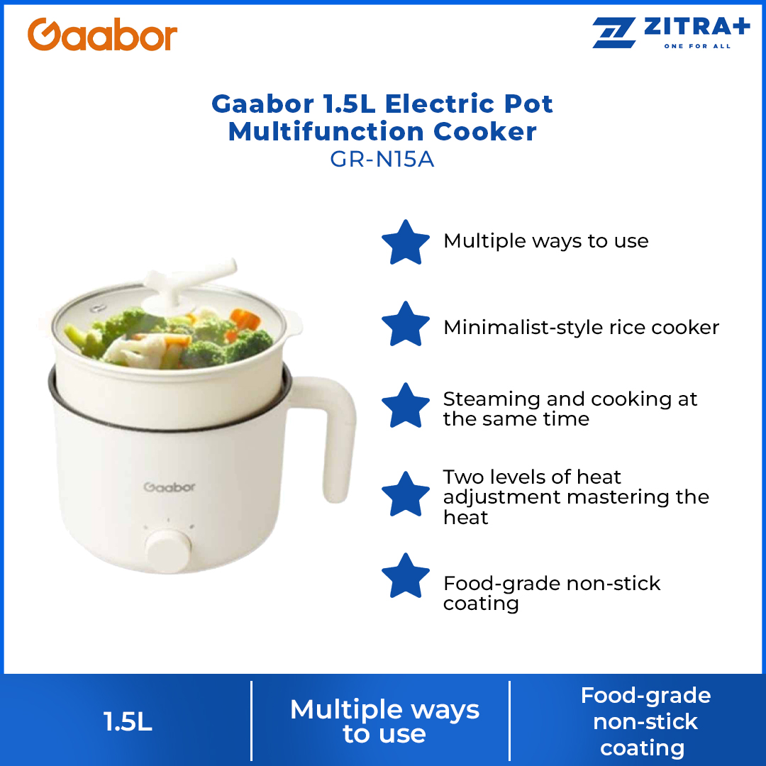 Gaabor 1.5L Electric Pot Multifunction Cooker GR-N15A |  Multiple ways to use |  Minimalist-style rice cooker | Food-grade non-stick coating | 1  Year General Warranty