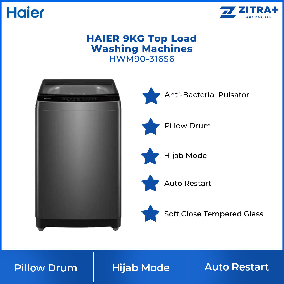 HAIER 9KG Top Load  Washing Machines HWM90-316S6 | Pillow Drum | Hijab Mode | Auto Restart | Anti-Bacterial Pulsator | Washing Machine with 2 Years Warranty