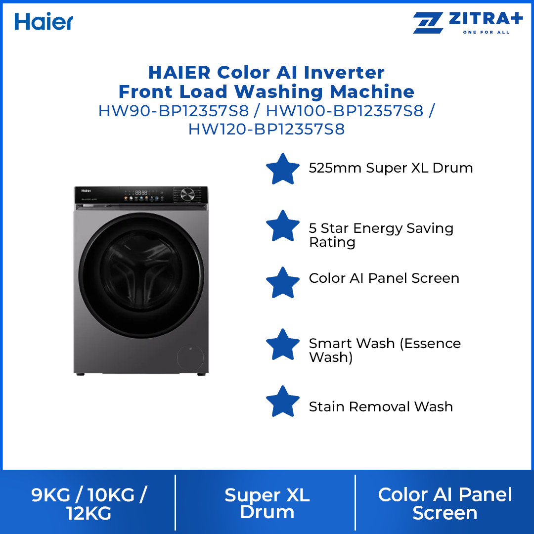 HAIER 9KG/10KG/12KG Color AI Inverter Front Load Washing Machine BP12357S8 | 5 Star Energy Saving Rating | Color AI Panel Screen | Smart Wash (Essence Wash)