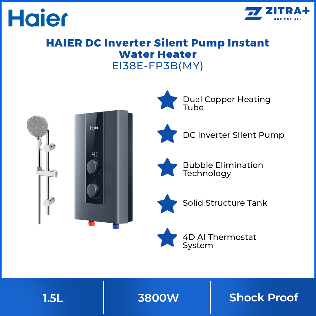 HAIER 3800W DC Inverter Silent Pump Instant Water Heater EI38E-FP3B(MY) | Shock Proof | Solid Structure Tank