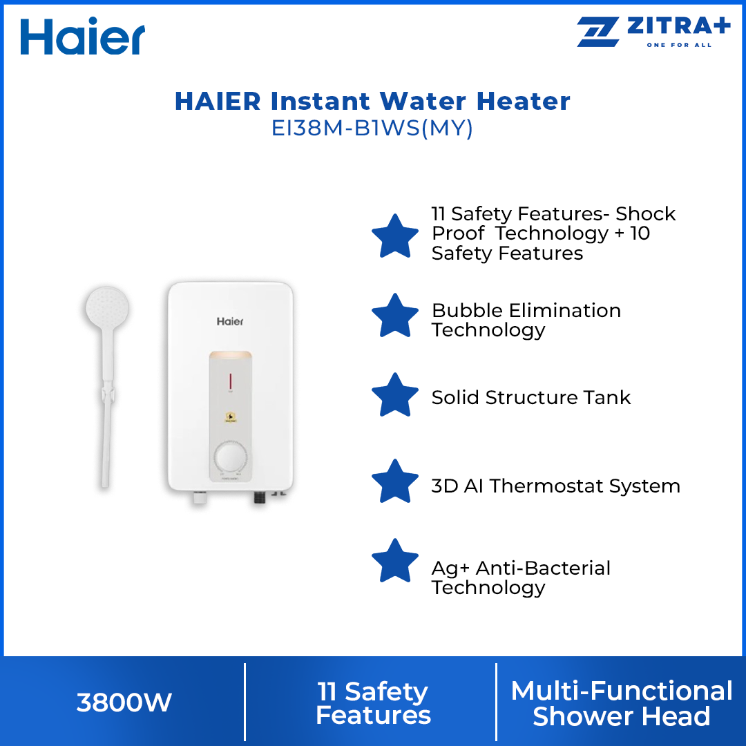 HAIER 3800W Instant Water Heater EI38M-B1WS(MY) | Bubble Elimination Technology | 3D AI Technology | Shock Proof
