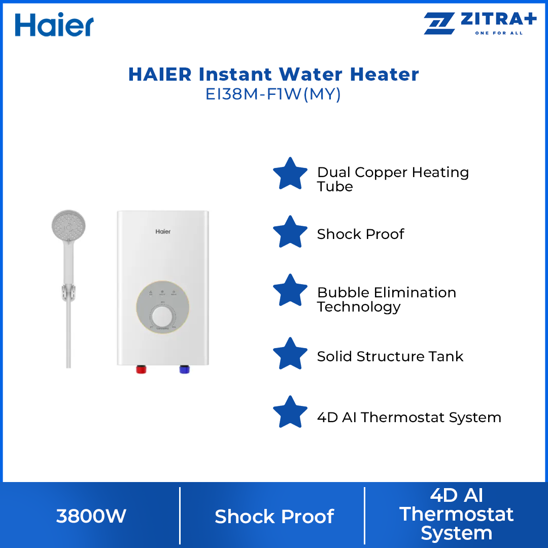 HAIER 3800W Instant Water Heater EI38M-F1W(MY) | Dual Copper Heating Tube | Shock Proof | 4D AI Thermostat System