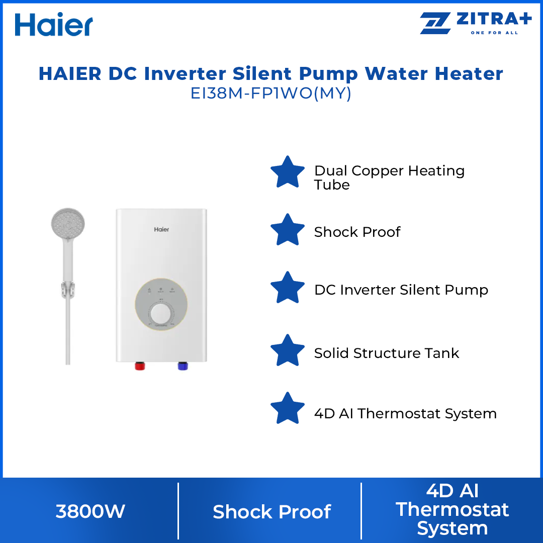 HAIER 3800W DC Inverter Silent Pump Water Heater Chrome EI38M-FP1WO(MY) | Dual Copper Heating Tube | DC Inverter Silent Pump | Shock Proof