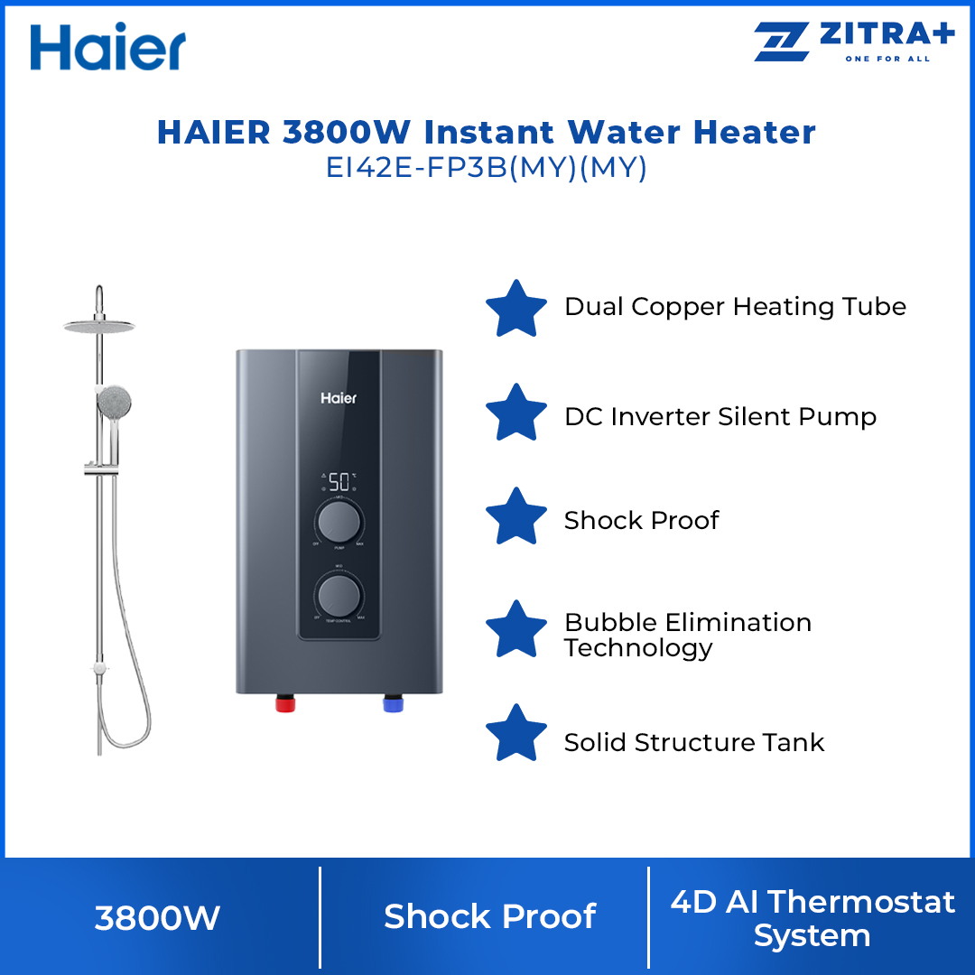 HAIER 3800W DC Inverter Silent Pump Instant Water Heater | EI42E-FP3B | Shock Proof | DC Inverter Silent Pump | Dual Copper Heating Tube