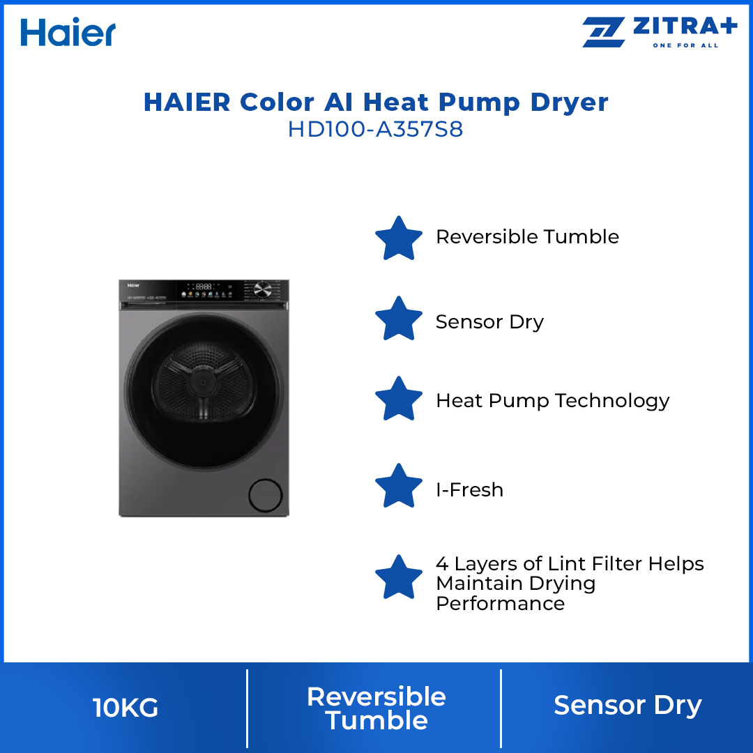 HAIER 10KG Color AI Heat Pump Dryer HD100-A357S8 | Reversible Tumble | Sensor Dry | Heat Pump Technology | I-Fresh
