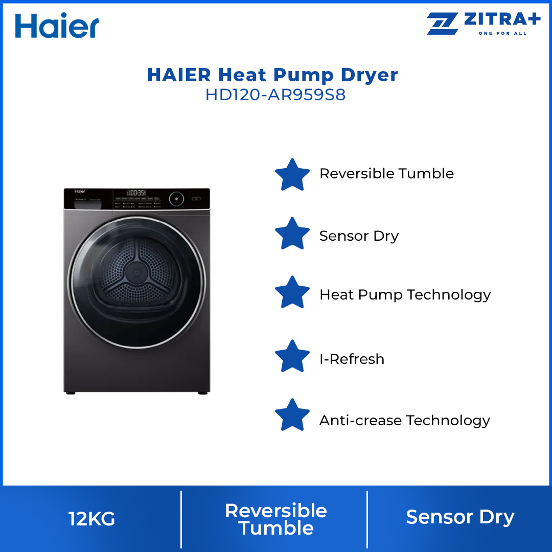HAIER 12KG Heat Pump Dryer HD120-AR959S8 | Reversible Tumble | Sensor Dry | Heat Pump Technology